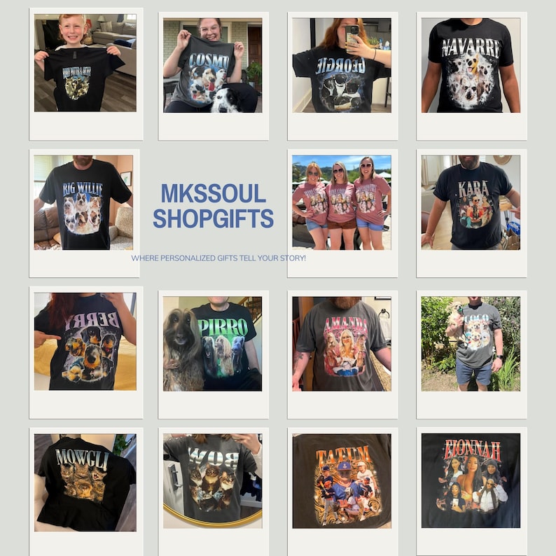 Puede incluir: Colecci&oacute;n de camisetas personalizadas con varias razas de perros y nombres. Las camisetas son de diferentes colores, con textos como "BIG WILLIE", "COSMO", "NAVARRE" y "KARA". Tambi&eacute;n se ve el nombre de la tienda "MKSSOUL SHOPGIFTS".