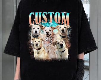 Aangepast vintage shirt voor huisdier - gepersonaliseerde hond bootleg rap-shirt, hondenliefhebberkleding, aangepast ontwerp gezicht huisdier, retro jaren 90 grafisch T-shirt