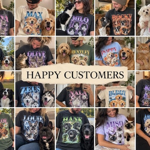 May include: A collection of t-shirts featuring custom graphic prints of various pets, including dogs and cats, with their names displayed in bold lettering above the images, showcasing diverse colors and styles of apparel.
