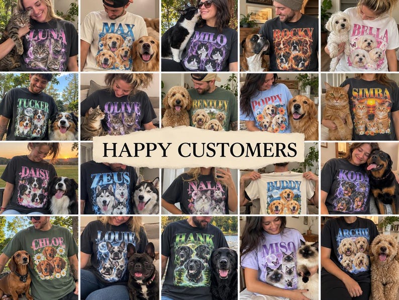 May include: A collection of t-shirts featuring custom graphic prints of various pets, including dogs and cats, with their names displayed in bold lettering above the images, showcasing diverse colors and styles of apparel.