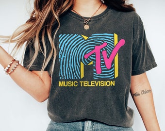 Comfort Colors Classic Music Television MTV Logo Chemise, Chemise design à carreaux rose et bleu, MTV Retro Unisex T-shirt Cadeau d’anniversaire de famille