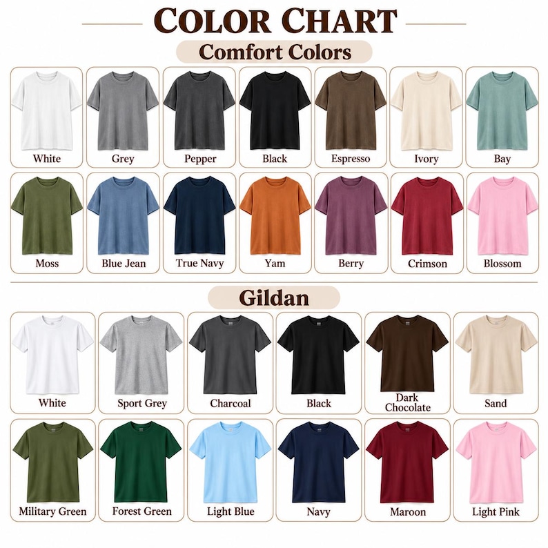 May include: A color chart displaying two rows of short-sleeve t-shirts. The top section labeled Comfort Colors shows 14 shirts in various shades including white, grey, pepper, black, espresso, ivory, bay, moss, blue jean, navy, yam, berry, crimson, and blossom. The bottom section labeled Gildan shows 12 shirts in white, sport grey, charcoal, black, dark chocolate, sand, military green, forest green, light blue, navy, maroon, and light pink.