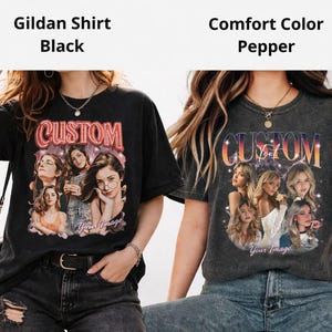Puede incluir: Camisetas negras y color pimienta con un dise&ntilde;o personalizado. El dise&ntilde;o incluye la palabra "CUSTOM" y un collage de fotos. La camiseta negra es una camiseta Gildan, y la camiseta color pimienta es una camiseta Comfort Color.