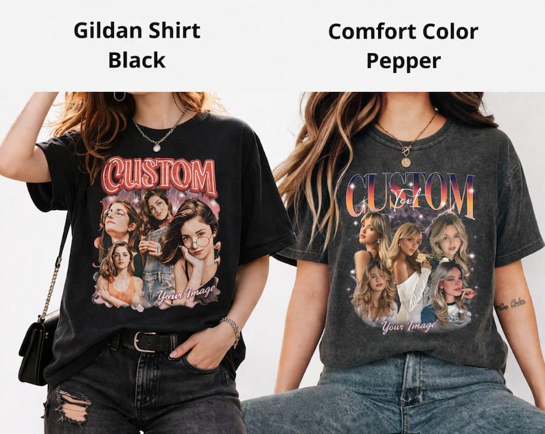 Puede incluir: Camisetas negras y color pimienta con un dise&ntilde;o personalizado. El dise&ntilde;o incluye la palabra "CUSTOM" y un collage de fotos. La camiseta negra es una camiseta Gildan, y la camiseta color pimienta es una camiseta Comfort Color.