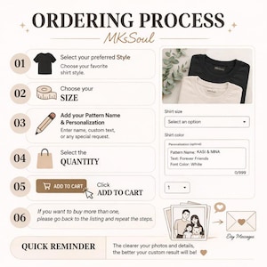 Puede incluir: Infograf&iacute;a que detalla el proceso de pedido de una camiseta personalizada. Los pasos incluyen la selecci&oacute;n del estilo, la talla, la personalizaci&oacute;n y la cantidad. La imagen muestra una camiseta en blanco y negro, una cinta m&eacute;trica y un bot&oacute;n de "a&ntilde;adir al carrito".