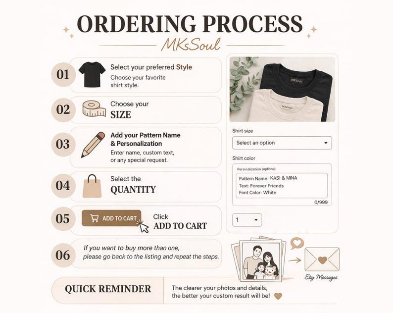 Puede incluir: Infograf&iacute;a que detalla el proceso de pedido de una camiseta personalizada. Los pasos incluyen la selecci&oacute;n del estilo, la talla, la personalizaci&oacute;n y la cantidad. La imagen muestra una camiseta en blanco y negro, una cinta m&eacute;trica y un bot&oacute;n de "a&ntilde;adir al carrito".