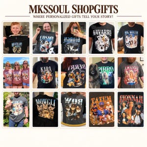 May include: A collage of twelve black and gray t-shirts featuring custom graphic prints of pets and people with names printed in bold, stylized lettering above the images. The header text reads MKSSOUL SHOPGIFTS WHERE PERSONALIZED GIFTS TELL YOUR STORY!