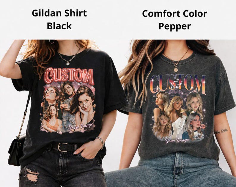 Puede incluir: Camisetas negras y color pimienta con un dise&ntilde;o personalizado. El dise&ntilde;o incluye la palabra "CUSTOM" y un collage de im&aacute;genes. Las camisetas son usadas por una persona.