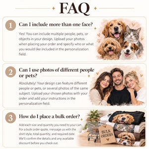 May include: An FAQ infographic with three numbered sections. Section 1 asks about multiple faces and shows four pets. Section 2 asks about using different photos and shows three people. Section 3 explains bulk orders with a miniature shopping cart.