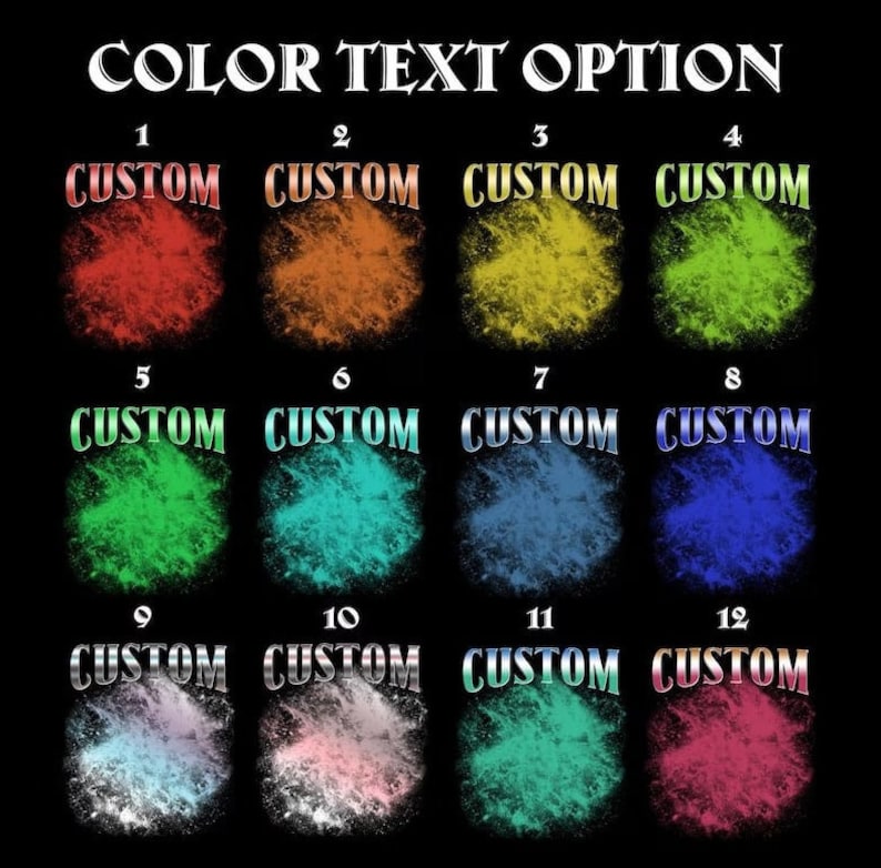Puede incluir: Un fondo negro muestra doce opciones de color para texto personalizado. Cada opci&oacute;n presenta un dise&ntilde;o colorido en forma de nube con la palabra "CUSTOM" encima. El texto "COLOR TEXT OPTION" est&aacute; en la parte superior.