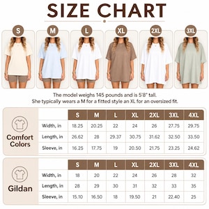 May include: A size chart for t-shirts featuring six models wearing sizes S through 3XL in various colors. The chart includes specific width, length, and sleeve measurements in inches for Comfort Colors and Gildan brands, plus model sizing notes.