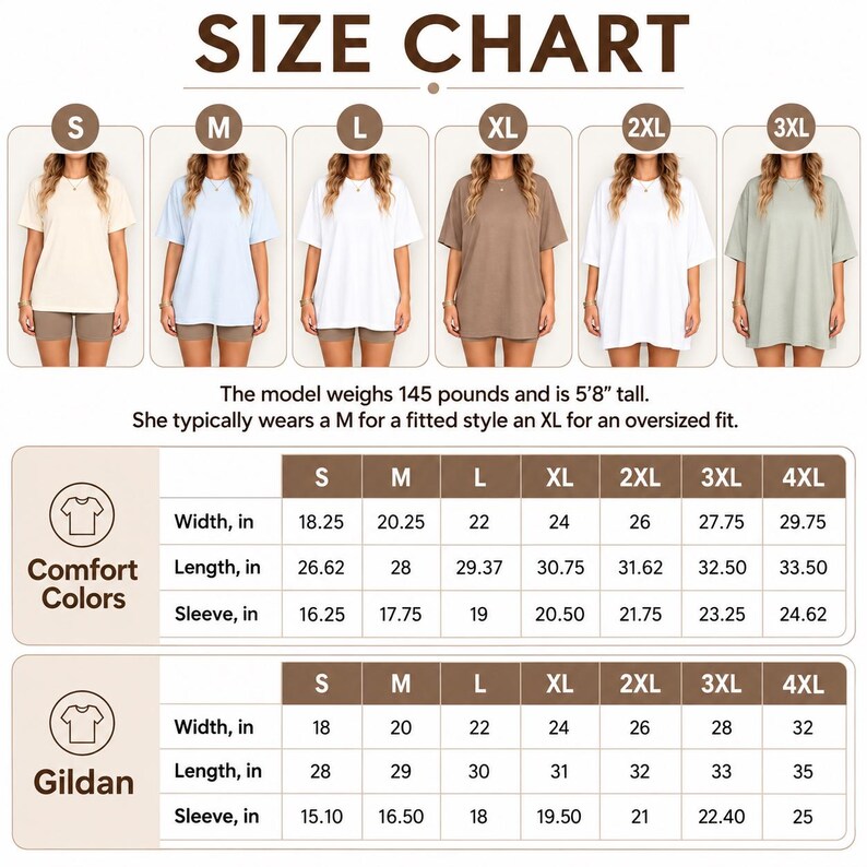 May include: A size chart for t-shirts featuring six models wearing sizes S through 3XL in various colors. The chart includes specific width, length, and sleeve measurements in inches for Comfort Colors and Gildan brands, plus model sizing notes.