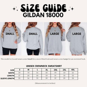 Puede incluir: Gu&iacute;a de tallas para una sudadera de cuello redondo unisex Gildan 18000. Las medidas est&aacute;n en pulgadas, tallas S a 4XL. La imagen muestra modelos que usan sudaderas peque&ntilde;as y grandes. El texto indica que la modelo mide 1,63 m y usa una talla S para un look ajustado.