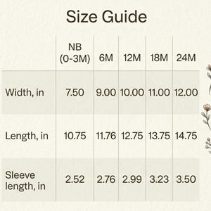 Puede incluir: Una tabla de gu&iacute;a de tallas con medidas en pulgadas para ropa de beb&eacute;. La tabla incluye medidas de ancho, largo y largo de manga para tallas NB (0-3M) a 24M. El texto "Size Guide" est&aacute; en la parte superior.