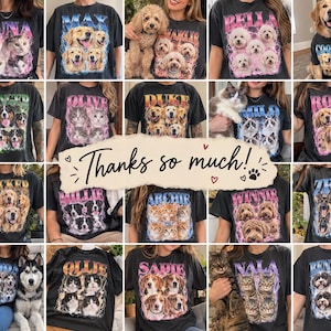 May include: A collection of black t-shirts featuring custom graphic prints of pets, including dogs and cats, with names displayed in bold lettering above the images, surrounded by colorful lightning or flame-like patterns.
