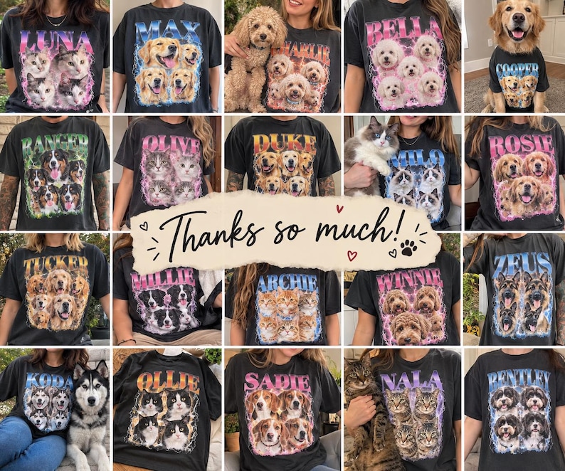 May include: A collection of black t-shirts featuring custom graphic prints of pets, including dogs and cats, with names displayed in bold lettering above the images, surrounded by colorful lightning or flame-like patterns.
