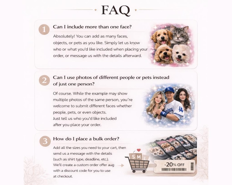 May include: A white FAQ page with three questions and answers. The first question asks about including multiple faces, with examples of dogs and a cat. The second question asks about using different people or pets. The third question is about bulk orders.