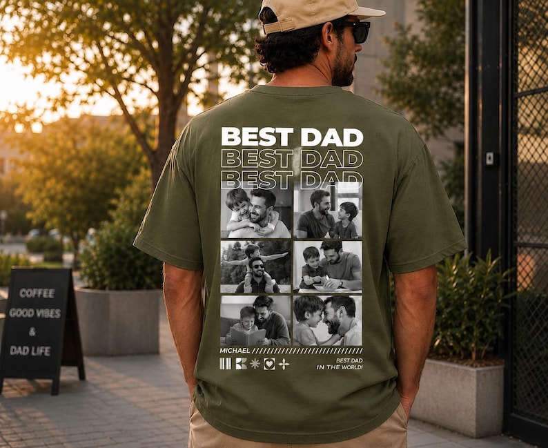 Puede incluir: Camiseta verde oliva con el texto "BEST DAD" repetido tres veces y un collage de fotos en blanco y negro. La camiseta tambi&eacute;n incluye el texto "MICHAEL" y "BEST DAD IN THE WORLD!"