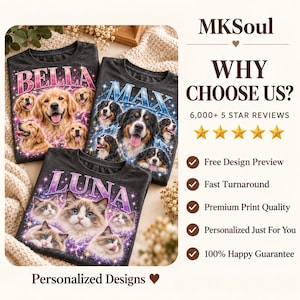 May include: Three dark gray t-shirts featuring custom pet portraits. One shirt displays golden retrievers with the name BELLA, one shows Bernese mountain dogs with MAX, and one features cats with LUNA, all surrounded by colorful lightning effects.