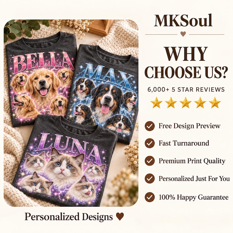 May include: Three dark gray t-shirts featuring custom pet portraits. One shirt displays golden retrievers with the name BELLA, one shows Bernese mountain dogs with MAX, and one features cats with LUNA, all surrounded by colorful lightning effects.