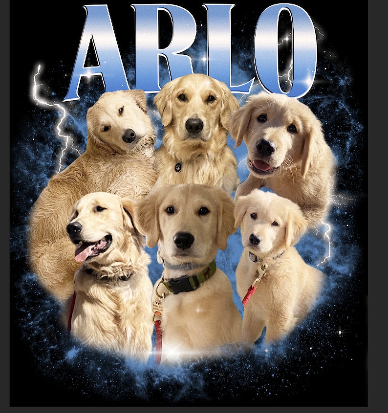 Puede incluir: Dise&ntilde;o gr&aacute;fico con seis perros golden retriever y el nombre "ARLO" en texto grande, azul claro y estilizado en la parte superior. Los perros est&aacute;n dispuestos en un patr&oacute;n circular sobre un fondo azul oscuro y negro con rayos.