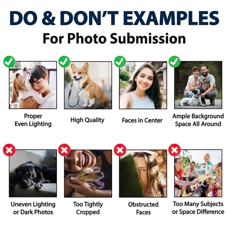Puede incluir: Una imagen con el texto "DO & DON'T EXAMPLES For Photo Submission". Muestra ejemplos de env&iacute;os de fotos aceptables e inaceptables, como buena iluminaci&oacute;n, alta calidad y espacio suficiente.