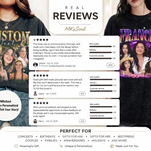 May include: Black graphic t-shirts with custom text and photo designs. One shirt features the text "CUSTOM TEXT" with multiple photos. The other shirt has the name "FRANCES" and the text "Only you".