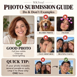 May include: An informational graphic titled MKSoul Photo Submission Guide with Do & Don't Examples. It displays a clear portrait as a good photo and several examples of blurry, filtered, obscured, or multiple faces marked with red X icons.