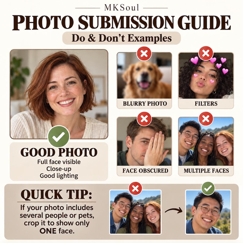 May include: An informational graphic titled MKSoul Photo Submission Guide with Do & Don't Examples. It displays a clear portrait as a good photo and several examples of blurry, filtered, obscured, or multiple faces marked with red X icons.