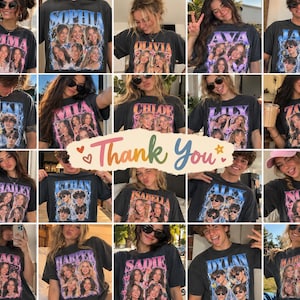May include: A black short-sleeve t-shirt featuring a graphic print with a name in large blue or pink letters, multiple photo portraits of a person, and a lightning bolt background design. The center of the image displays the text Thank You.