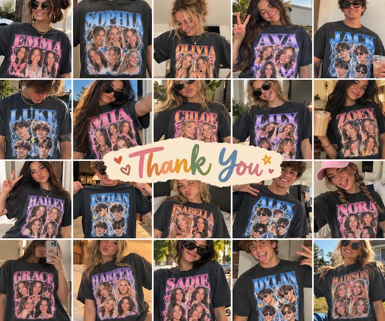 May include: A black short-sleeve t-shirt featuring a graphic print with a name in large blue or pink letters, multiple photo portraits of a person, and a lightning bolt background design. The center of the image displays the text Thank You.