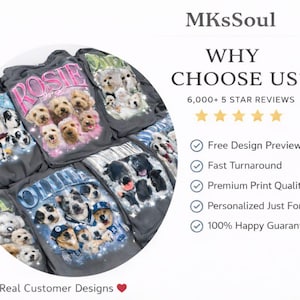 Puede incluir: Una colecci&oacute;n de camisetas grises con retratos de perros personalizados. Las camisetas muestran varias razas de perros y nombres, con el texto "ROSIE" y "OLIVIA" visibles. La imagen tambi&eacute;n incluye el texto "WHY CHOOSE US?" y "Real Customer Designs."