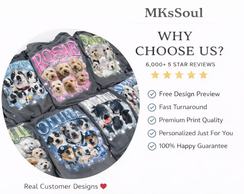 Puede incluir: Una colecci&oacute;n de camisetas grises con retratos de perros personalizados. Las camisetas muestran varias razas de perros y nombres, con el texto "ROSIE" y "OLIVIA" visibles. La imagen tambi&eacute;n incluye el texto "WHY CHOOSE US?" y "Real Customer Designs."
