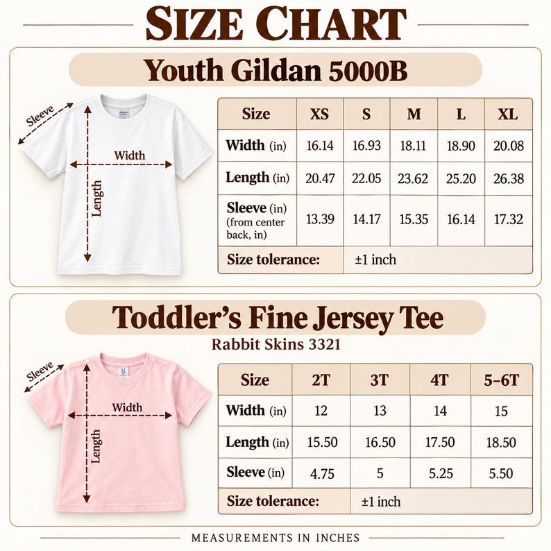 May include: A size chart for Youth Gildan 5000B and Toddler's Fine Jersey Tee Rabbit Skins 3321. The chart displays width, length, and sleeve measurements in inches for sizes XS to XL and 2T to 5-6T, with a size tolerance of plus or minus 1 inch.