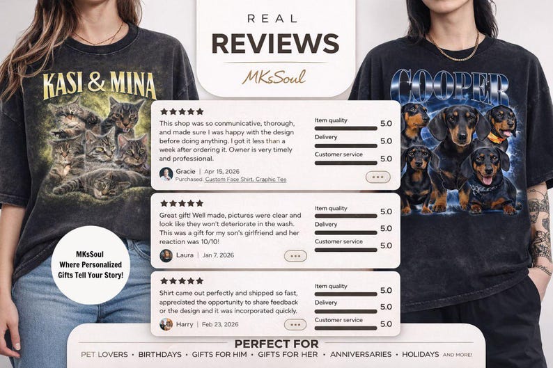 Puede incluir: Dos camisetas de color gris oscuro con dise&ntilde;os gr&aacute;ficos. Una presenta un grupo de gatos con el texto "KASI & MINA", la otra tiene un grupo de perros salchicha con el texto "COOPER". La imagen tambi&eacute;n muestra rese&ntilde;as de clientes y el texto "REAL REVIEWS".