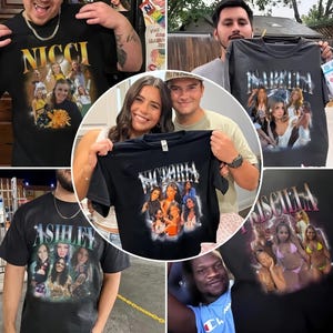 Puede incluir: Camisetas negras con gr&aacute;ficos personalizados. Las camisetas presentan nombres como "Nicci", "Isabella", "Victoria", "Ashley" y "Priscilla" en una fuente retro, junto con collages de im&aacute;genes. Varias personas sostienen las camisetas.