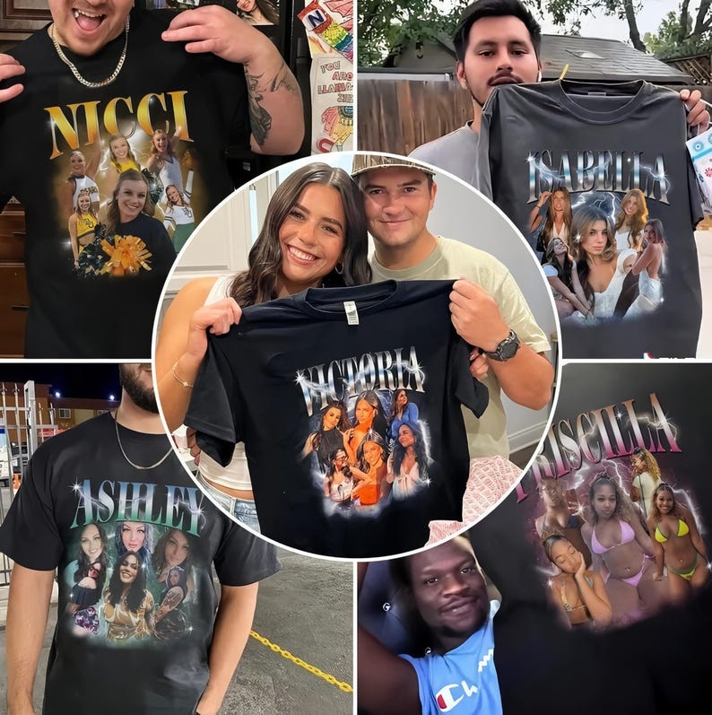 Puede incluir: Camisetas negras con gr&aacute;ficos personalizados. Las camisetas presentan nombres como "Nicci", "Isabella", "Victoria", "Ashley" y "Priscilla" en una fuente retro, junto con collages de im&aacute;genes. Varias personas sostienen las camisetas.
