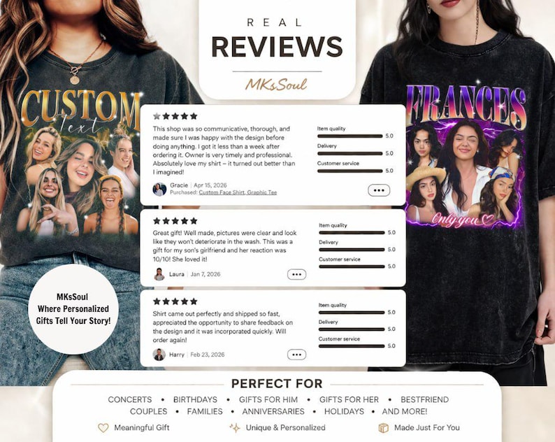 Puede incluir: Dos camisetas negras con dise&ntilde;os fotogr&aacute;ficos personalizados. Una camiseta presenta el texto "CUSTOM TEXT" con un collage de caras sonrientes. La otra camiseta muestra el nombre "FRANCES" con un collage de fotos y el texto "Only you".