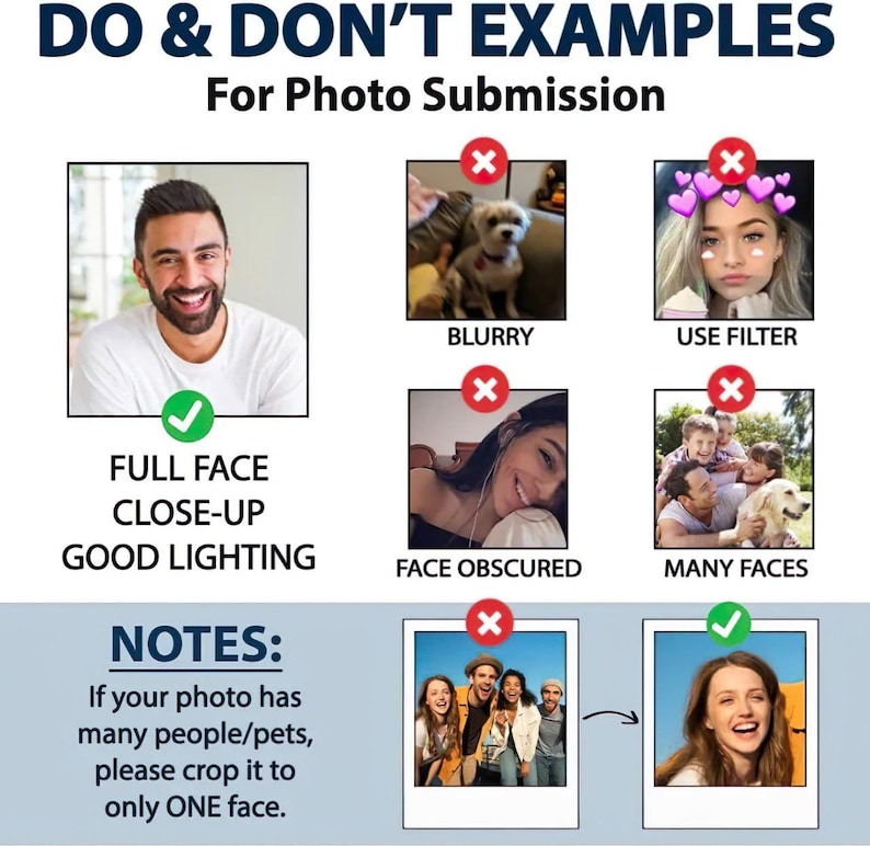 Puede incluir: Un gr&aacute;fico con el texto "EJEMPLOS DE LO QUE SE DEBE Y NO SE DEBE HACER para la presentaci&oacute;n de fotos." Muestra ejemplos de fotos aceptables e inaceptables, incluyendo un primer plano de rostro completo y una foto con muchas caras.