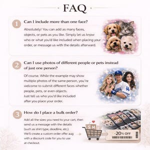 Puede incluir: P&aacute;gina de preguntas frecuentes con tres preguntas y respuestas. La primera pregunta trata sobre incluir m&uacute;ltiples caras, con ejemplos de mascotas. La segunda pregunta trata sobre el uso de diferentes personas o mascotas. La tercera pregunta trata sobre pedidos al por mayor.
