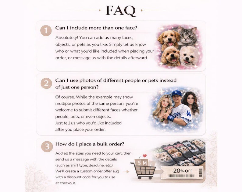 Puede incluir: P&aacute;gina de preguntas frecuentes con tres preguntas y respuestas. La primera pregunta trata sobre incluir m&uacute;ltiples caras, con ejemplos de mascotas. La segunda pregunta trata sobre el uso de diferentes personas o mascotas. La tercera pregunta trata sobre pedidos al por mayor.