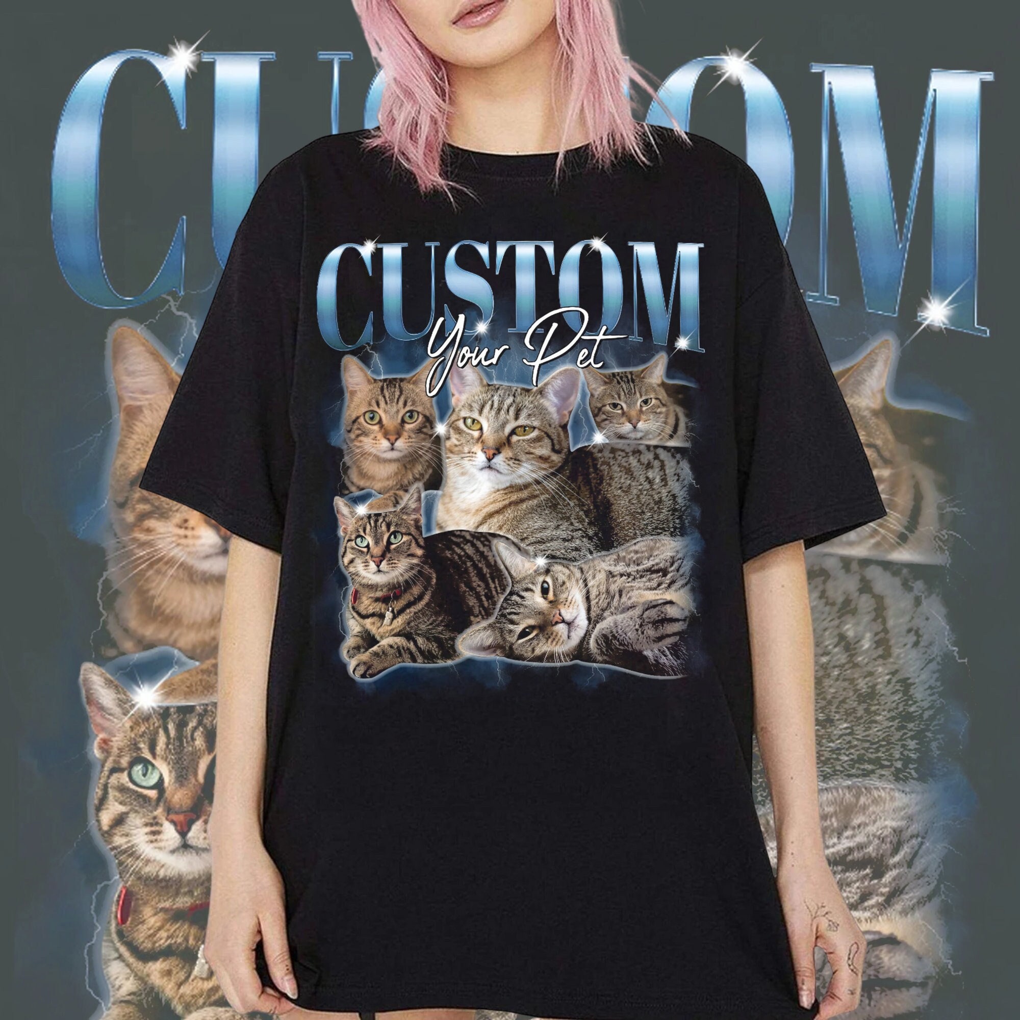 Discover Pet Custom Vintage Washed Shirt, Custom Cat Graphic Unisex T-Shirt, Dog Personalize Bootleg Retro 90's Tee Gift For Her, Pet Lover Shirt