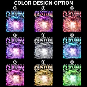 May include: Nine custom design options are displayed, each featuring the word "CUSTOM" in a metallic font above a colorful, glowing design. The designs vary in color, including blue, purple, red, silver, and green, with a "Your text" text at the bottom.