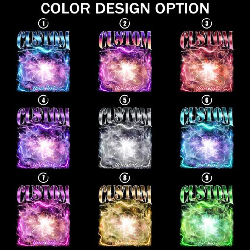 May include: Nine custom design options are displayed, each featuring the word "CUSTOM" in a metallic font above a colorful, glowing design. The designs vary in color, including blue, purple, red, silver, and green, with a "Your text" text at the bottom.