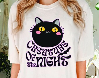 Maglietta Creatura della Notte con Gatto Nero e Gattino Nero, regalo per gli amanti dei gatti, maglietta di Halloween con gattino kawaii, colori fluorescenti e comodi.