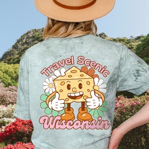 Wisconsin Cheese Shirt with funny Cheese, Travel Wisconsin Shirt, Funny Souvenir shirt with retro cartoon Tie Dye pastel Comfort Colors