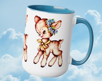 Baby Deer Mug Vintage fawn mug, kitschy deer coffee cup, retro nursery decor mug, floral deer, kawaii deer mug, vintage fawn gift, kitsch