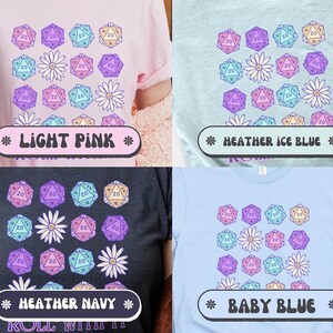 Puede incluir: Cuatro camisetas con un patr&oacute;n de dados de 20 caras y flores. Las camisetas son de color rosa claro, azul hielo jaspeado, azul marino jaspeado y azul beb&eacute;. El texto en las camisetas dice "LIGHT PINK", "HEATHER ICE BLUE", "HEATHER NAVY" y "BABY BLUE".
