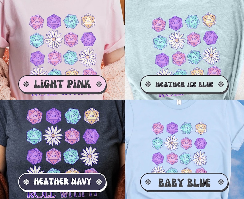 Puede incluir: Cuatro camisetas con un patr&oacute;n de dados de 20 caras y flores. Las camisetas son de color rosa claro, azul hielo jaspeado, azul marino jaspeado y azul beb&eacute;. El texto en las camisetas dice "LIGHT PINK", "HEATHER ICE BLUE", "HEATHER NAVY" y "BABY BLUE".