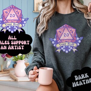 Cute and cozy sweater with D20 Game Dice in pastel colors, sweater color is dark heather
